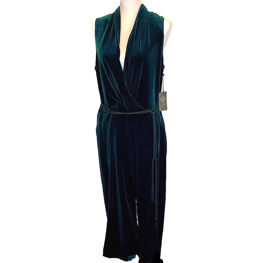 VINCE CAMUTO Emerald Green Crushed Velvet V-Neck Sleeveless Jumpsuit Sz 14 NWT